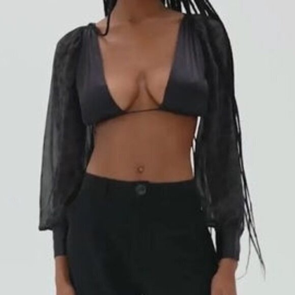 Danielle Bernstein x WeWoreWhat Puff Sleeve Tie Back Top – Black – Size L – NWT - Picture 2 of 3